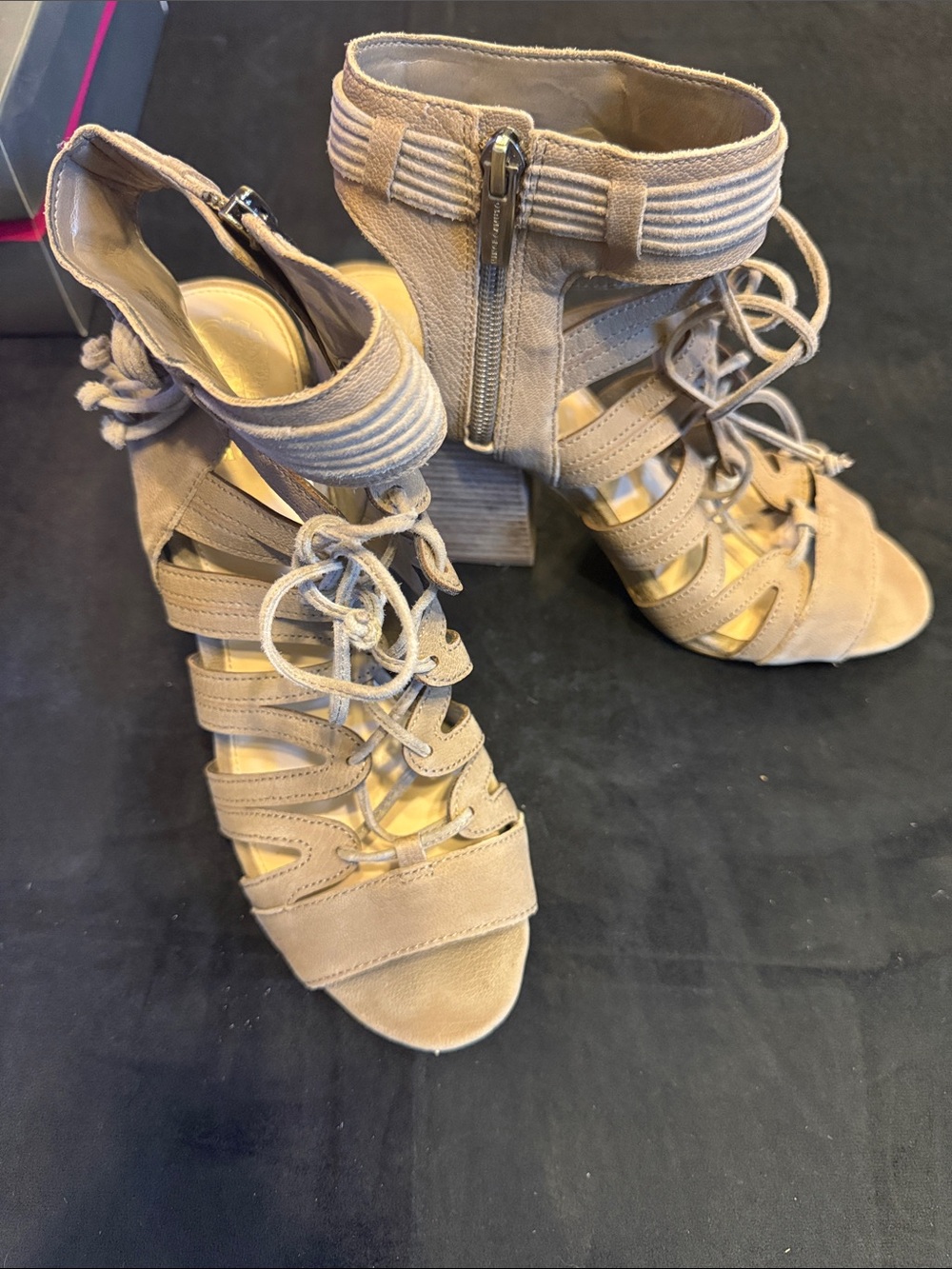 Vince Camuto Taupe Lace-Up Block Heel Sandals